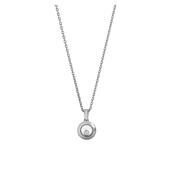 Chopard Happy Diamonds Kette - filigraner runder Weißgoldanhänger , ein beweglicher Happy Diamond zwischen zwei Saphirglas Scheiben