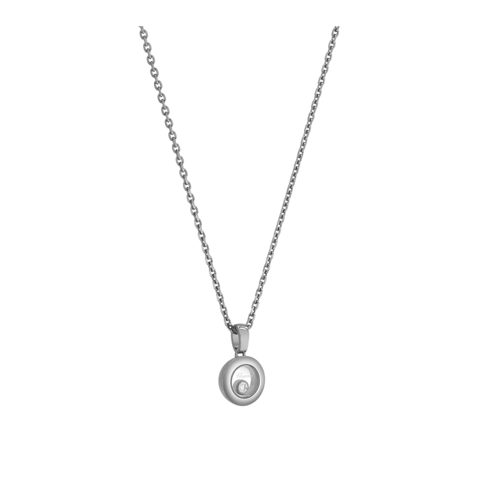 Chopard Happy Diamonds Kette - filigraner runder Weißgoldanhänger , ein beweglicher Happy Diamond zwischen zwei Saphirglas Scheiben