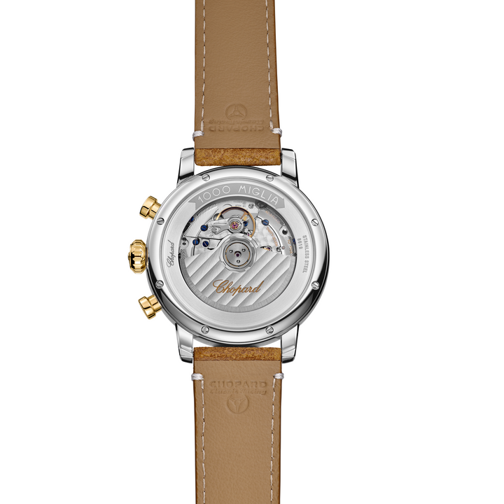 Chopard - Mille Miglia Classic Chronograph mit der Referenz 168619-3003 aus 18 Karat Gelbgold und Edelstahl bei Ihrem offiziellen Fachhändler Juwelier Krebber in Mönchengladbach mit durchsichtigen Saphirglasboden