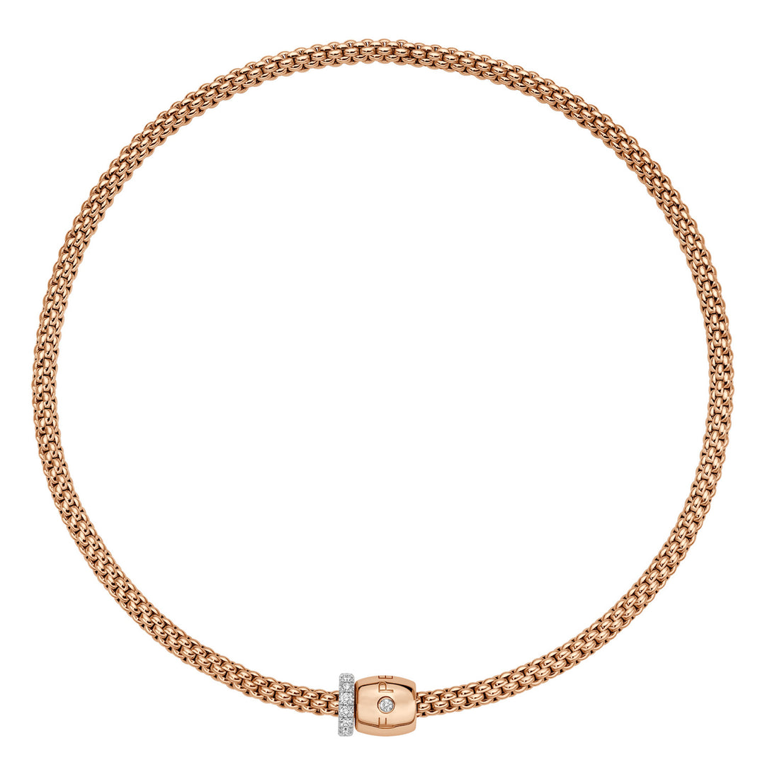 FOPE Collier Solo. Geflochtene Elemente aus Roségold , Brillantbesetzter Weißgold Ronde und dekorativer roségoldener Tonnenverschluss mit Brillant