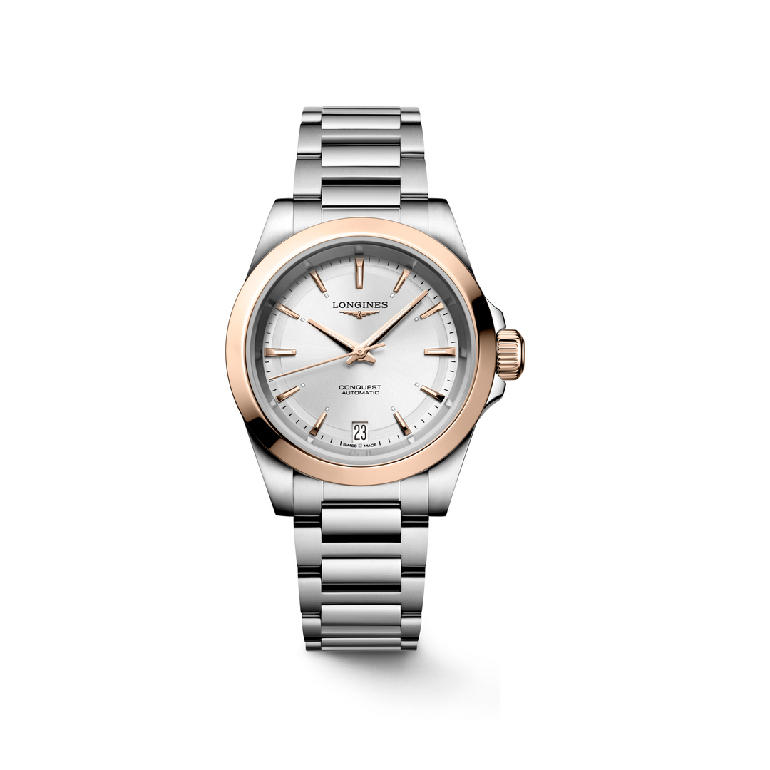 Longines Conquest mit der Referenz L3.430.5.72.6 besteht aus Edelstahl und Roségold. Der Durchmesser beträgt 34 mm. Im Inneren der Armbanduhr ist das Longines Kaliber L888.5 verbaut. Die Uhr hat eine Gangreserve von ca. 72 Stunden und ist Wasserdicht bis 100 m. 