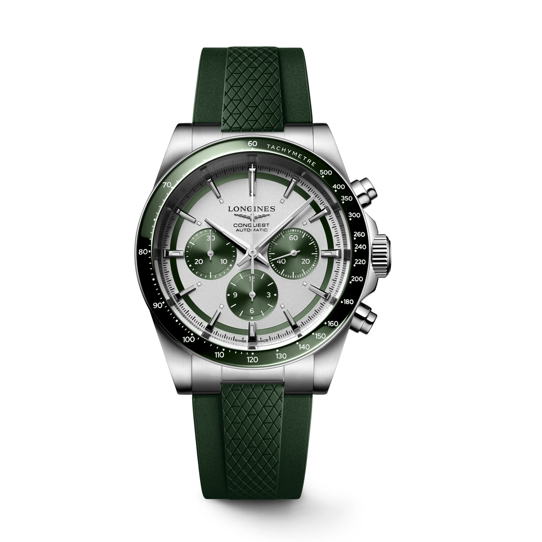 Longines Conquest mit der Referenz L3.835.4.02.9 besteht aus Edelstahl und Keramik. Der Durchmesser beträgt 42 mm. Im Inneren der Armbanduhr ist das L898.5 verbaut. Die Uhr hat eine Gangreserve von ca. 59 Stunden und ist Wasserdicht bis 100 m