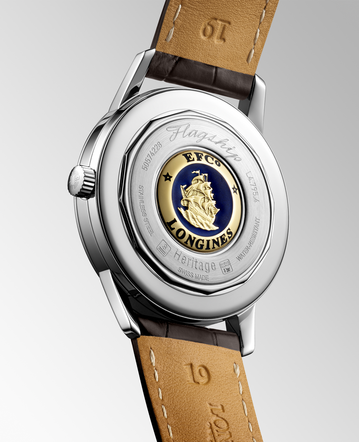 Longines Flagship Heritage - L4.795.4.78.2 - Automatikwerk - beige - 38,5 mm - Herrenuhr mit goldenem Medaillon auf der Rückseite