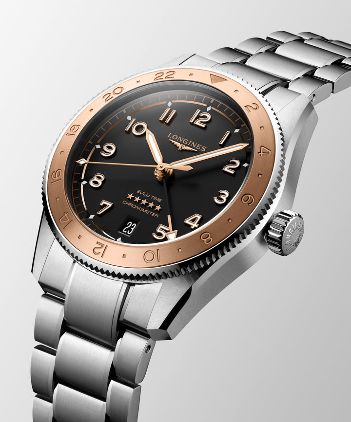 Longines - Spirit Zulu Time 1925 - L3.803.5.53.6 – Automatikwerk – schwarz, Roségold - 39 mm - Herrenuhr aus Edelstahl und Gold