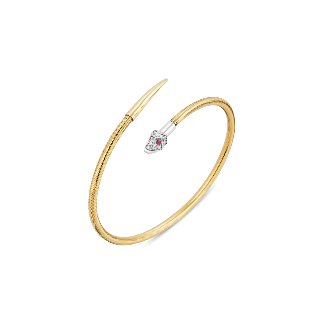 Ponte Vecchio Nobile Armreif CB1718BRY aus Gelbgold, der schlagen ist aus Weißgold und mit Diamanten nd 2 Rubinen als Augen besetzt.