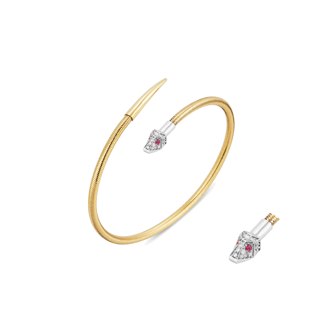 Ponte Vecchio Nobile Armreif CB1718BRY aus Gelbgold, der schlagen ist aus Weißgold und mit Diamanten nd 2 Rubinen als Augen besetzt. ( vergrößerte Ansicht Schlangenkopf)