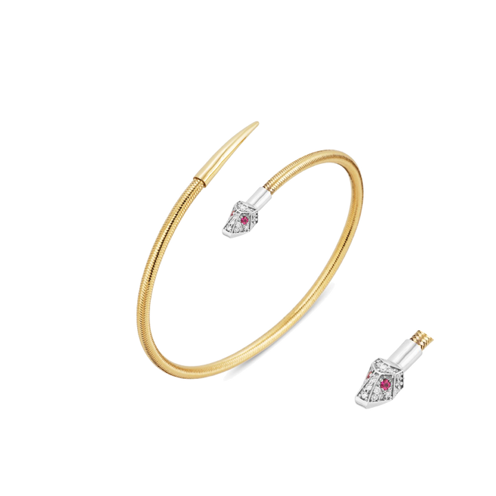 Ponte Vecchio Nobile Armreif CB1718BRY aus Gelbgold, der schlagen ist aus Weißgold und mit Diamanten nd 2 Rubinen als Augen besetzt. ( vergrößerte Ansicht Schlangenkopf)