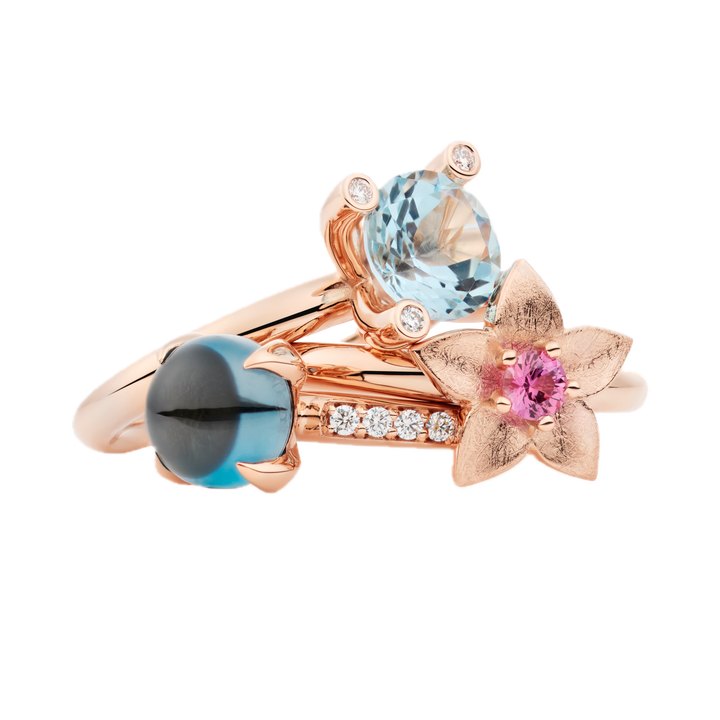 Bron Catch Ring 8RR4811TLCBR aus Roségold , London Blue Topas und Diamanten. Ringstapel