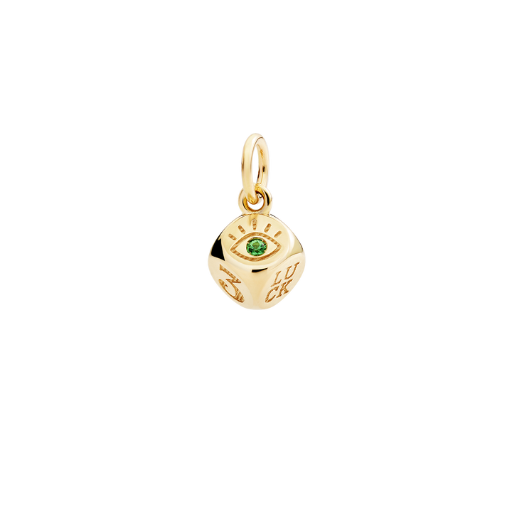 Dodo Charm Würfel DMC6010-DICES-0TZ9G aus Gelbgold mit einem Tzavoriten.