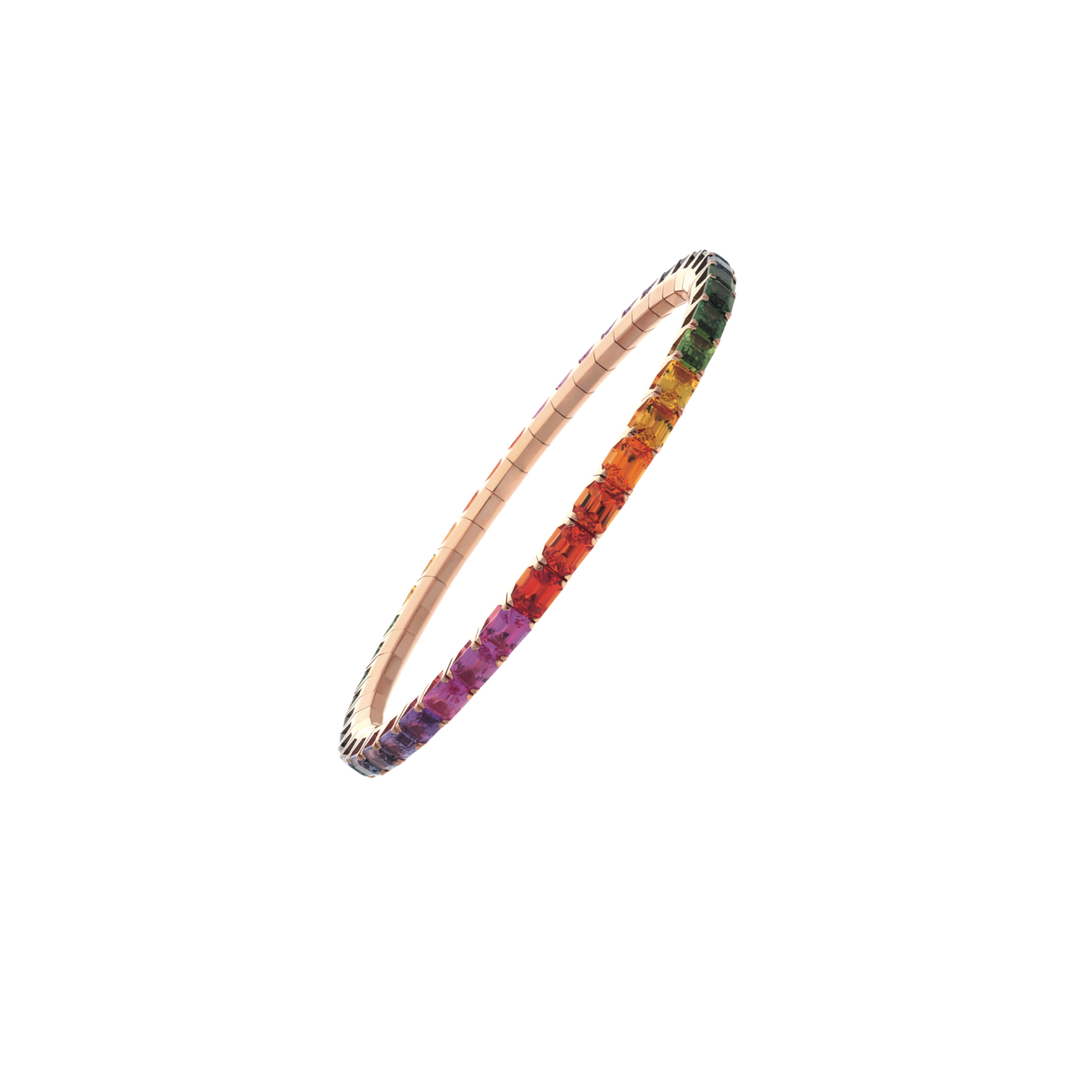 Flexibles Tennisarmband aus 42 Roségold Elementen besetzt mit Saphiren im Regenbogen Farbverlauf
