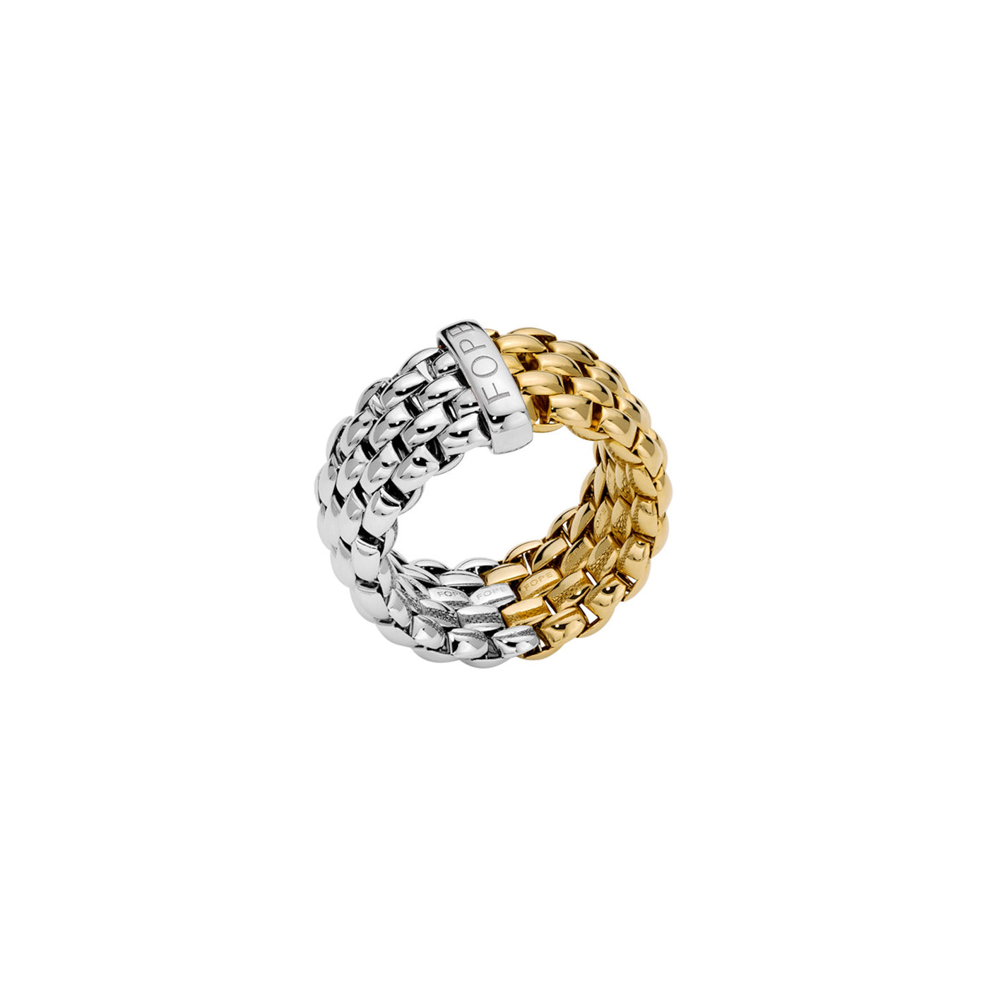 Flexibler Fope Essential Ring. Der Ring ist zu je einer Seite aus Gelb- oder Weißgold gefertigt.