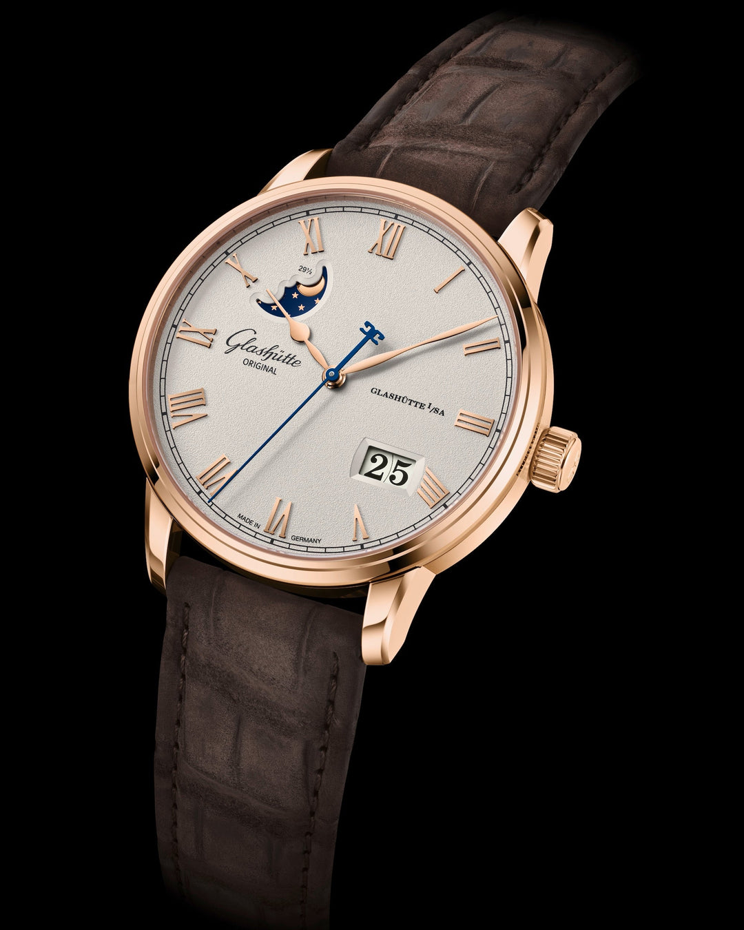 Glashütte Original - Senator Excellence Panoramadatum Mondphase - 1-36-24-02-05-62 – Automatikwerk – Silber, Rotgold - 40 mm - Herrenuhr mit braunem Lederband