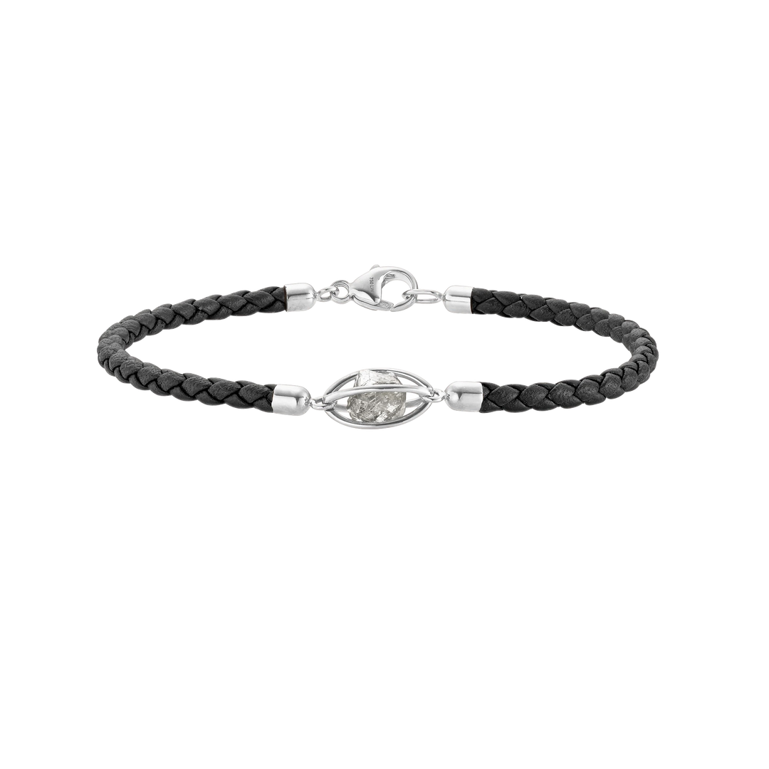Leo Wittwer Rough Cut Lederarmband 62-1010971-9100. Schwarzes geflochtenes Leder und ein Weißgoldener Diamant Käfig mit weißem Rohdiamant. 