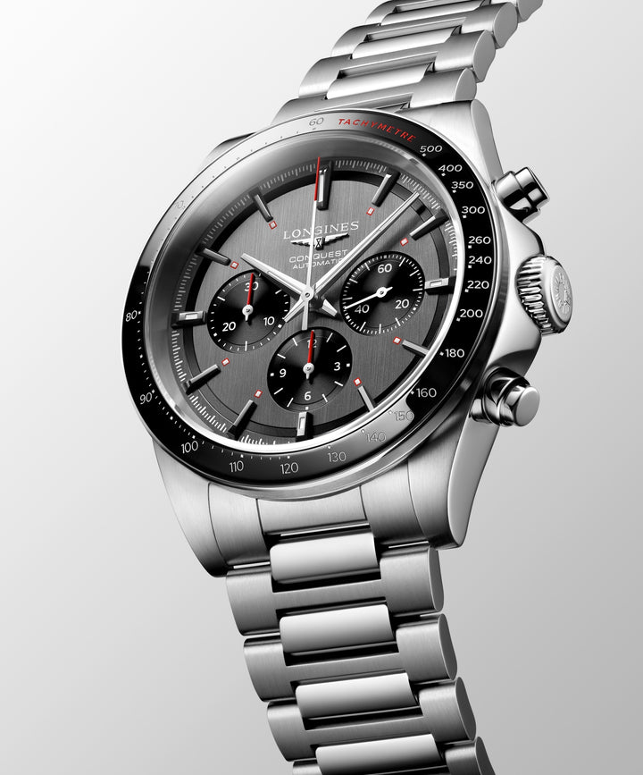 Longines - Conquest Chrono Ski Edition – L3.836.4.52.6 - Automatikwerk – grau, schwarz - 42 mm - Herrenuhr bei Juwelier Krebber in Mönchengladbach