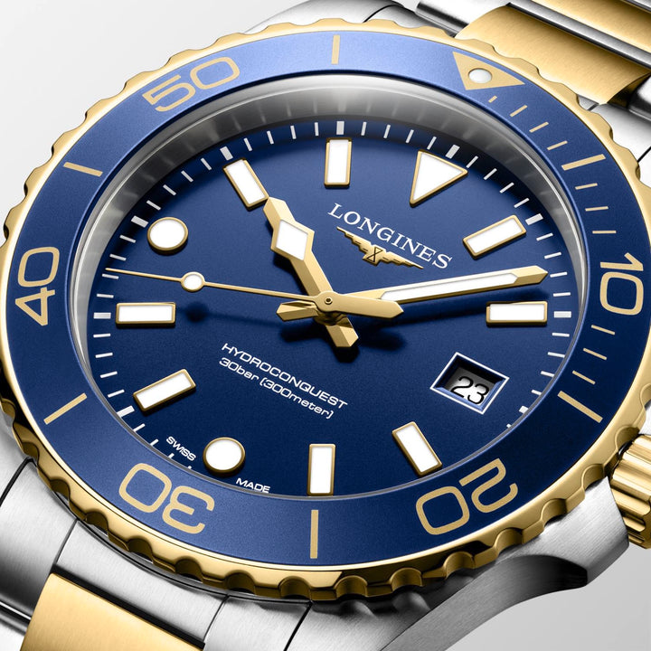 Longines - Hydroconquest - L3.769.3.96.7 – Quarzwerk – Schwarz, Gelbgold - 42 mm - Herrenuhr in Blau