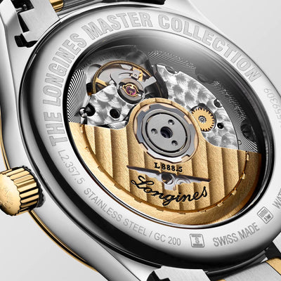 Longines - Master Collection mit der Referenz L2.357.5.87.7 besteht aus Edelstahl und 18 Karat Gelbgold Cap 200.
