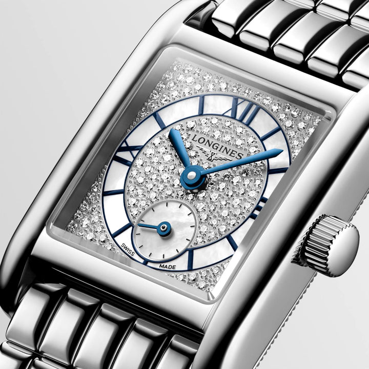 Longines - Mini DolceVita - L5.200.4.87.6 – Quarzwerk- weiß- 21,5 mm x 29 mm - Damenuhr mit Diamantzifferblatt