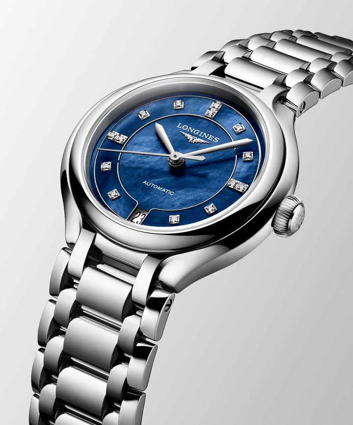 Longines - PrimaLuna- L8.124.4.97.6 – Automatikwerk – blau - 34 mm - Damenuhr bei Krebber in Mönchenglabach