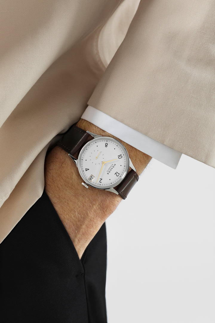 NOMOS Glashütte - Minimatik Datum gold – Handaufzugswerk – weiß - 39,5 mm - Herrenuhr Dresswatch