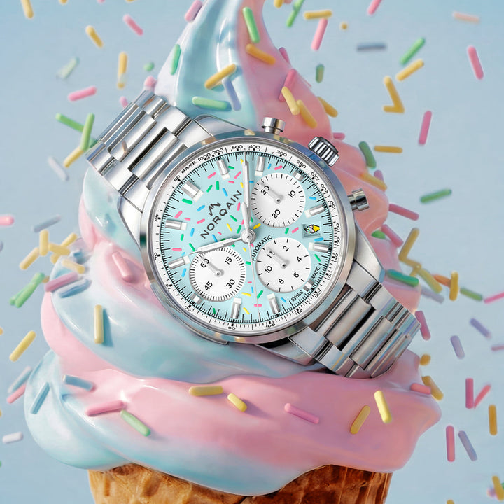 NORQAIN - Freedom Chrono Enjoy Life "Sprinkles" - N2201.19S04.A01 – Automzik-Chronographenwerk – hellblau, weiß - 40 mm - Herren- und Damenuhr - Sommeruhr