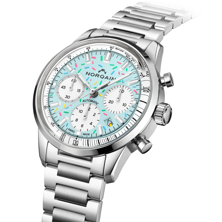 NORQAIN - Freedom Chrono Enjoy Life "Sprinkles" - N2201.19S04.A01 – Automzik-Chronographenwerk – hellblau, weiß - 40 mm - Herren- und Damenuhr mit Tachymeterskala
