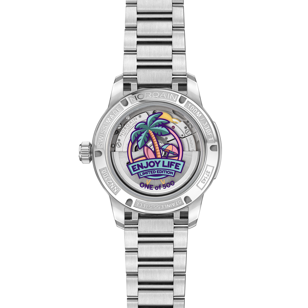 NORQAIN - Freedom GMT Enjoy Life "Holiday" Limited Edition - N2100.22S02.W01 – Automatik-Chronographenwerk – rosa, weiß - 40 mm - Herren- und Damenuhr mit Saphirglasboden
