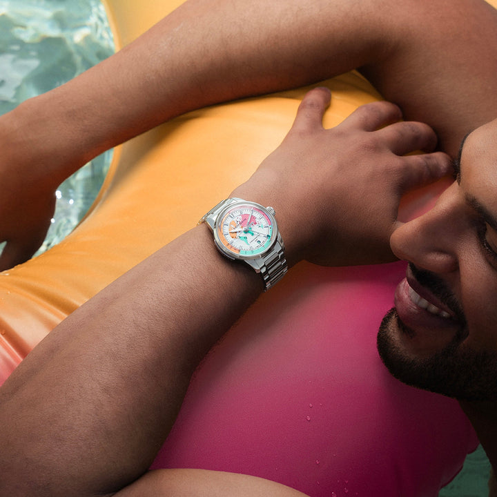 NORQAIN - Freedom GMT Enjoy Life "Holiday" Limited Edition - N2100.22S02.W01 – Automatik-Chronographenwerk – rosa, weiß - 40 mm - Herren- und Damenuhr, Weltzeituhr