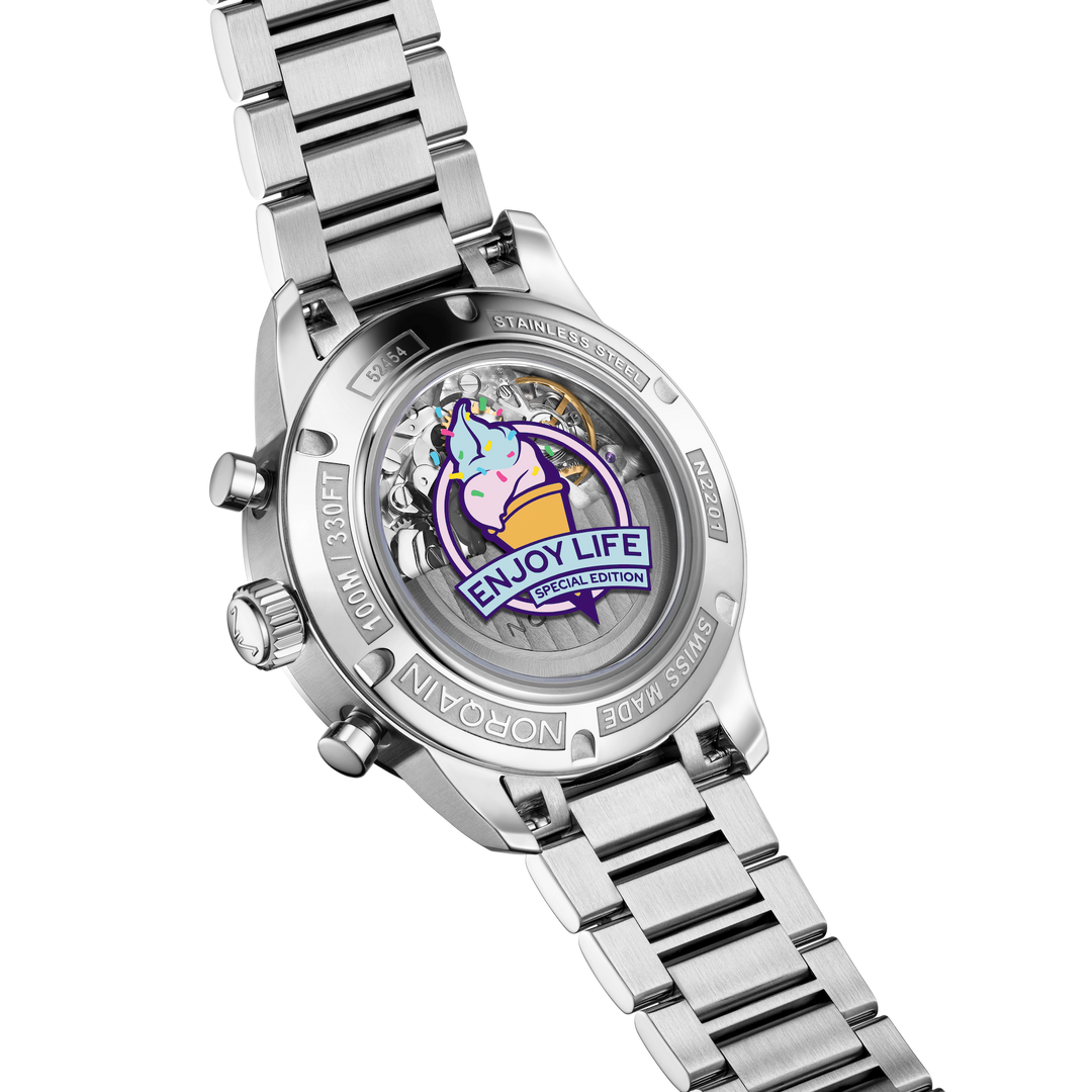 NORQAIN - Freedom Chrono Enjoy Life "Sprinkles" - N2201.19S04.K01 – Automatik-Chronographenwerk – rosa, weiß - 40 mm - Herren- und Damenuhr mit Saphirglasboden