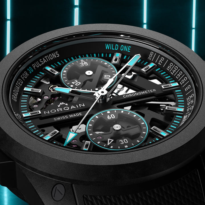 NORQAIN - Wild ONE Skeleton Chrono - N3002.40Q01.B07 – Automatik-Chronographenwerk – schwarz, türkis - 42 mm - Herrenuhr Chronograph Flyback