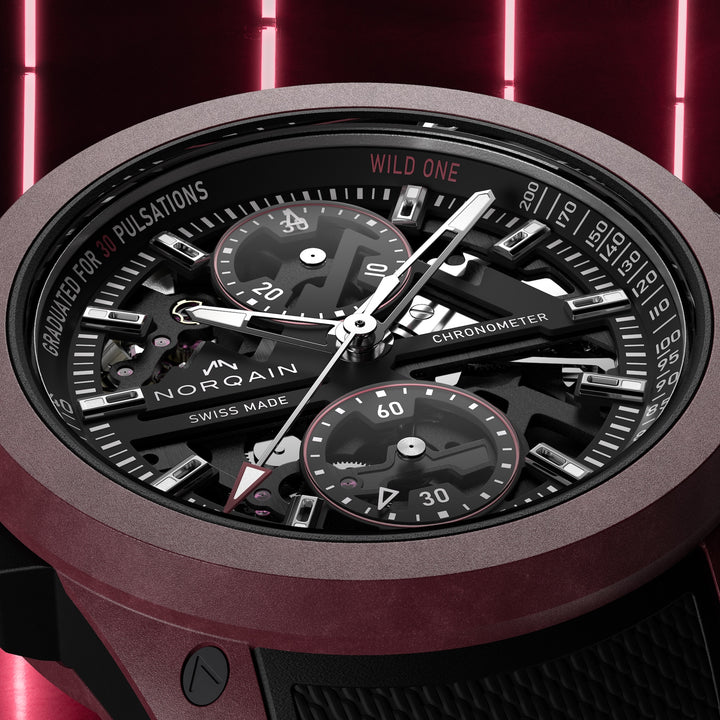 NORQAIN - Wild ONE Skeleton Chrono Limited Edition - N3002.40Q02.B01 – Automatik-Chronographenwerk – schwarz, dunkelrot - 42 mm - Herrenuhr