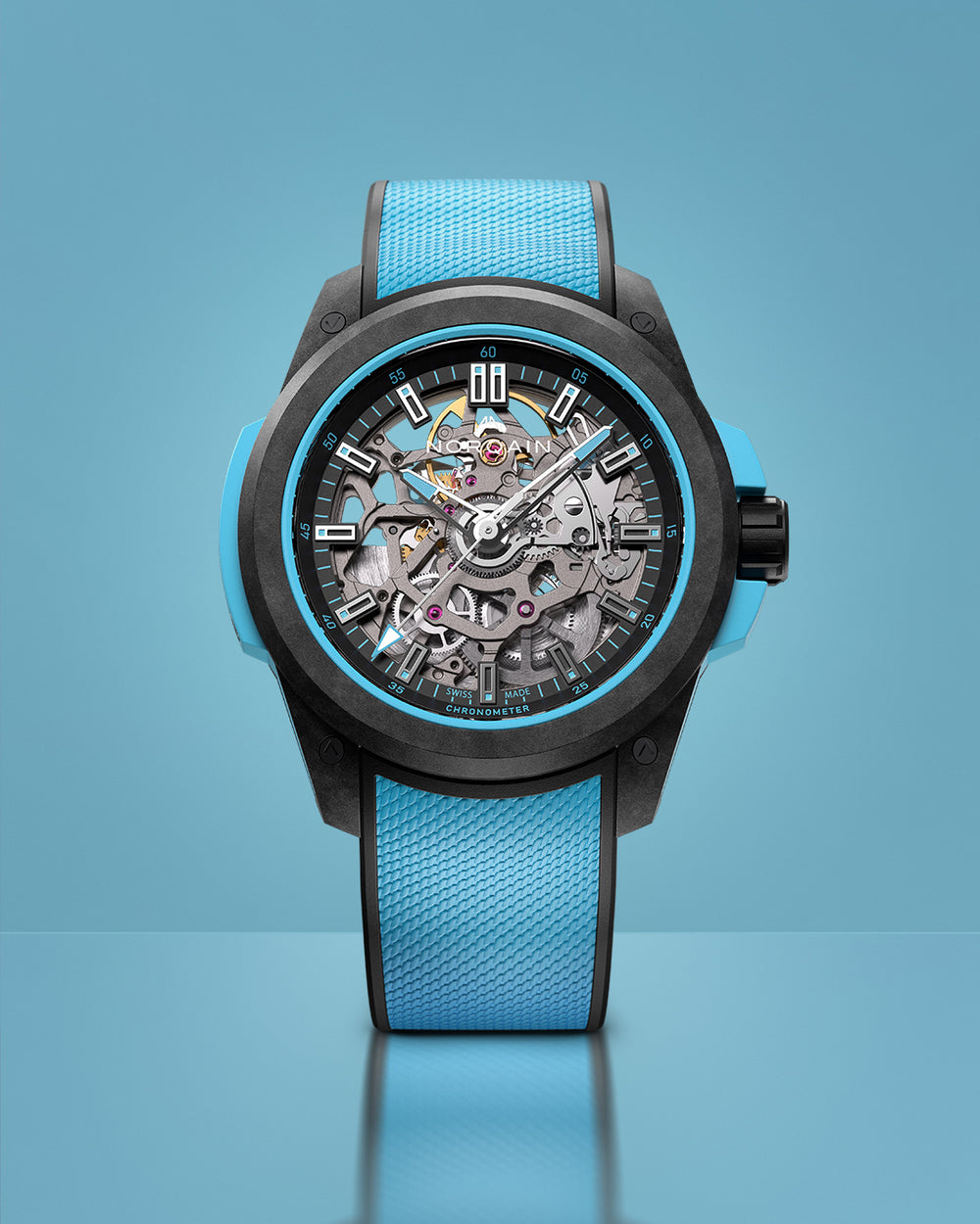 NORQAIN - Wild ONE Skeleton Sky Blue - N3001.07Q02.B02 – Automatikwerk – hellblau - 39 mm - Herren- und Damenuhr bei Juwelier Krebber