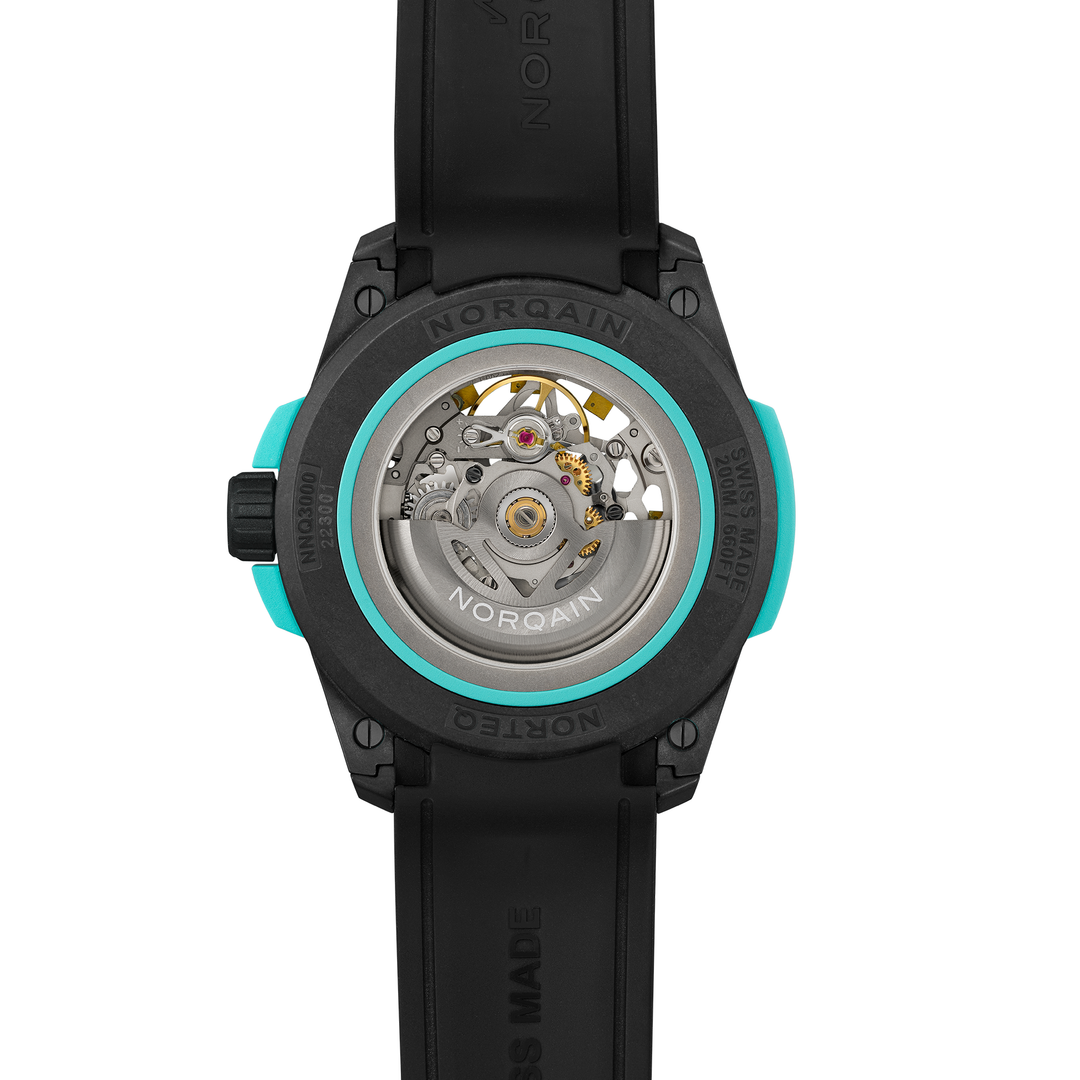 NORQAIN - Wild ONE Skeleton Turquoise - N3000.07Q27.B07 – Automatikwerk – türkis, schwarz - 42 mm - Herrenuhr mit schwarzem transparentem Gehäuseboden