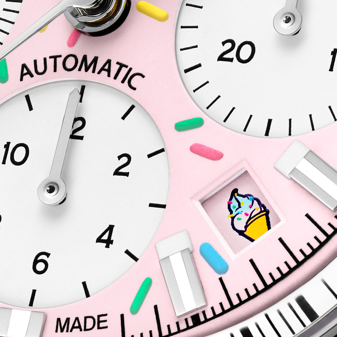 NORQAIN - Freedom Chrono Enjoy Life "Sprinkles" - N2201.19S04.K01 – Automatik-Chronographenwerk – rosa, weiß - 40 mm - Herren- und Damenuhr mit Softeis Datumsfenster
