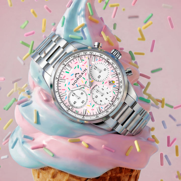 NORQAIN - Freedom Chrono Enjoy Life "Sprinkles" - N2201.19S04.K01 – Automatik-Chronographenwerk – rosa, weiß - 40 mm - Herren- und Damenuhr bei Juwelier Krebber in Mönchengladbach