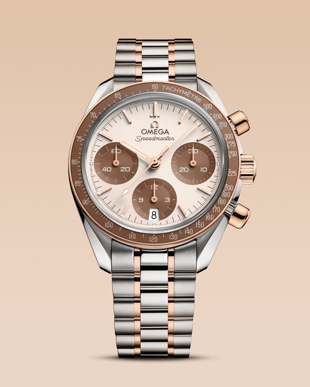 OMEGA Speedmaster 38 - 324.20.38.50.02.002 - Automatik-Chronograph - weiß, Gold, Braun - 38 mm - Herren- und Damenuhr bei Juwelier Krebber