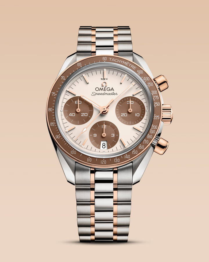 OMEGA Speedmaster 38 - 324.20.38.50.02.002 - Automatik-Chronograph - weiß, Gold, Braun - 38 mm - Herren- und Damenuhr bei Juwelier Krebber