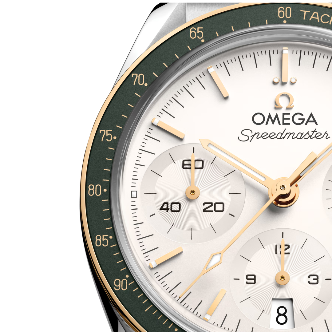 OMEGA Speedmaster 38 - 324.20.38.50.02.001 - Automatik-Chronograph - Silber, Gold, Grün - 38 mm - Herren- und Damenuhr bei Juwelier Krebber in Mönchengladbach