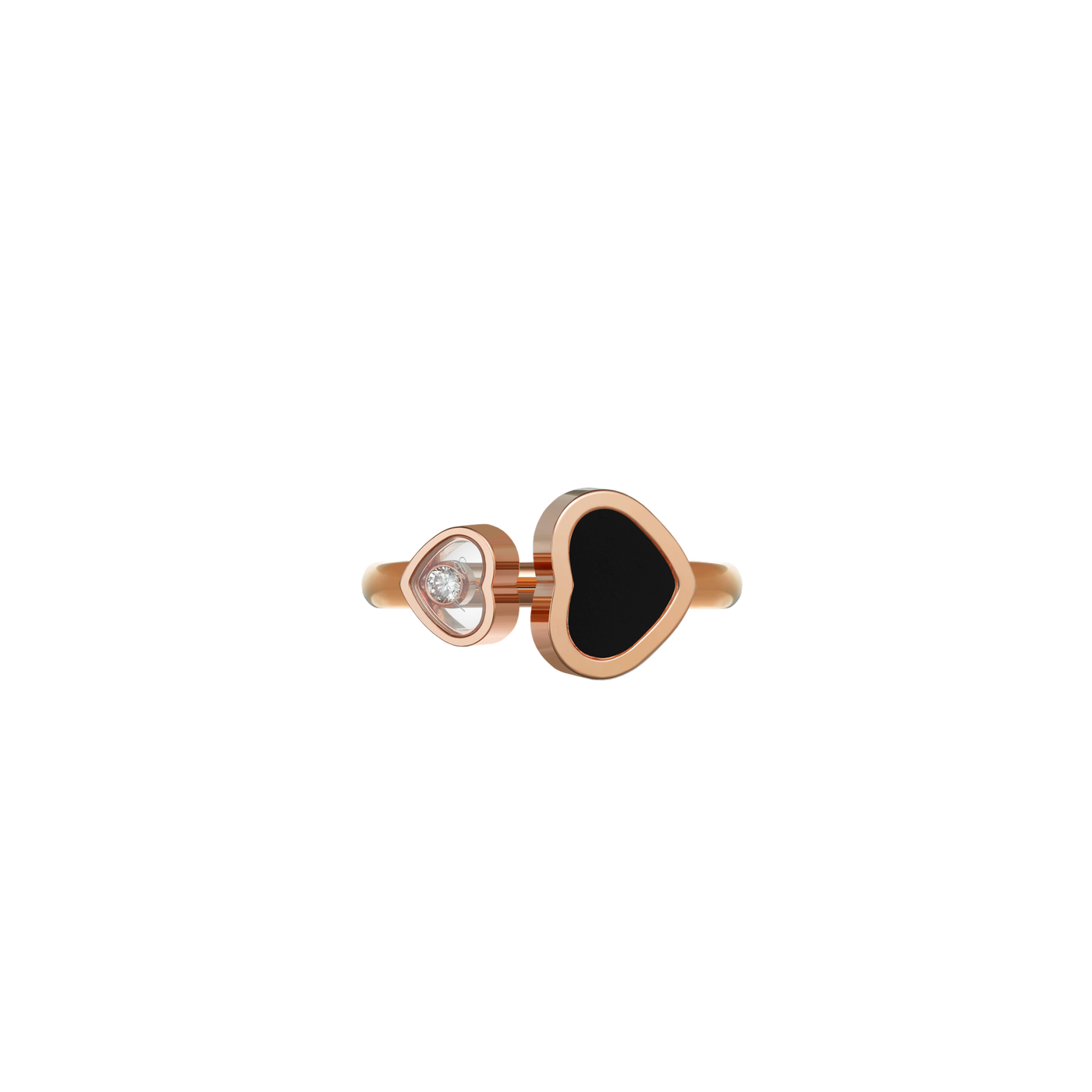 Chopard Ring Happy Hearts aus 18 Karat Roségold. Die beiden zueinander gedrehten und unterschiedlich großen Herzen sind mit unterschiedlichen Materialien ausgefasst. In dem größeren Herz liegt ein schwarzer Onyx, während in dem kleinen Herz ein Brillant zwischen zwei Saphirgläsern tänzelt.