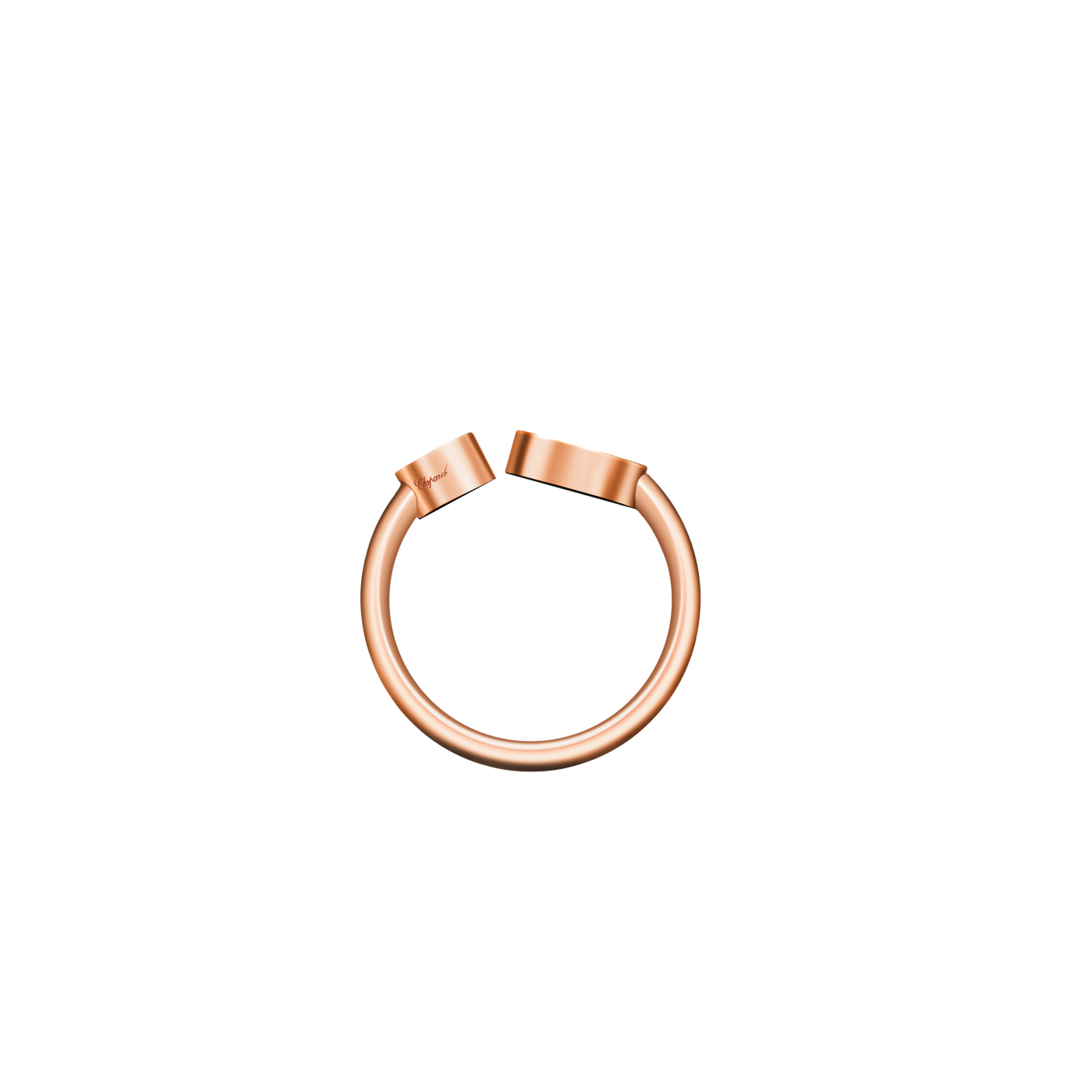 Chopard Ring Happy Hearts aus 18 Karat Roségold. Die beiden zueinander gedrehten und unterschiedlich großen Herzen sind mit unterschiedlichen Materialien ausgefasst. In dem größeren Herz liegt ein schwarzer Onyx, während in dem kleinen Herz ein Brillant zwischen zwei Saphirgläsern tänzelt.
