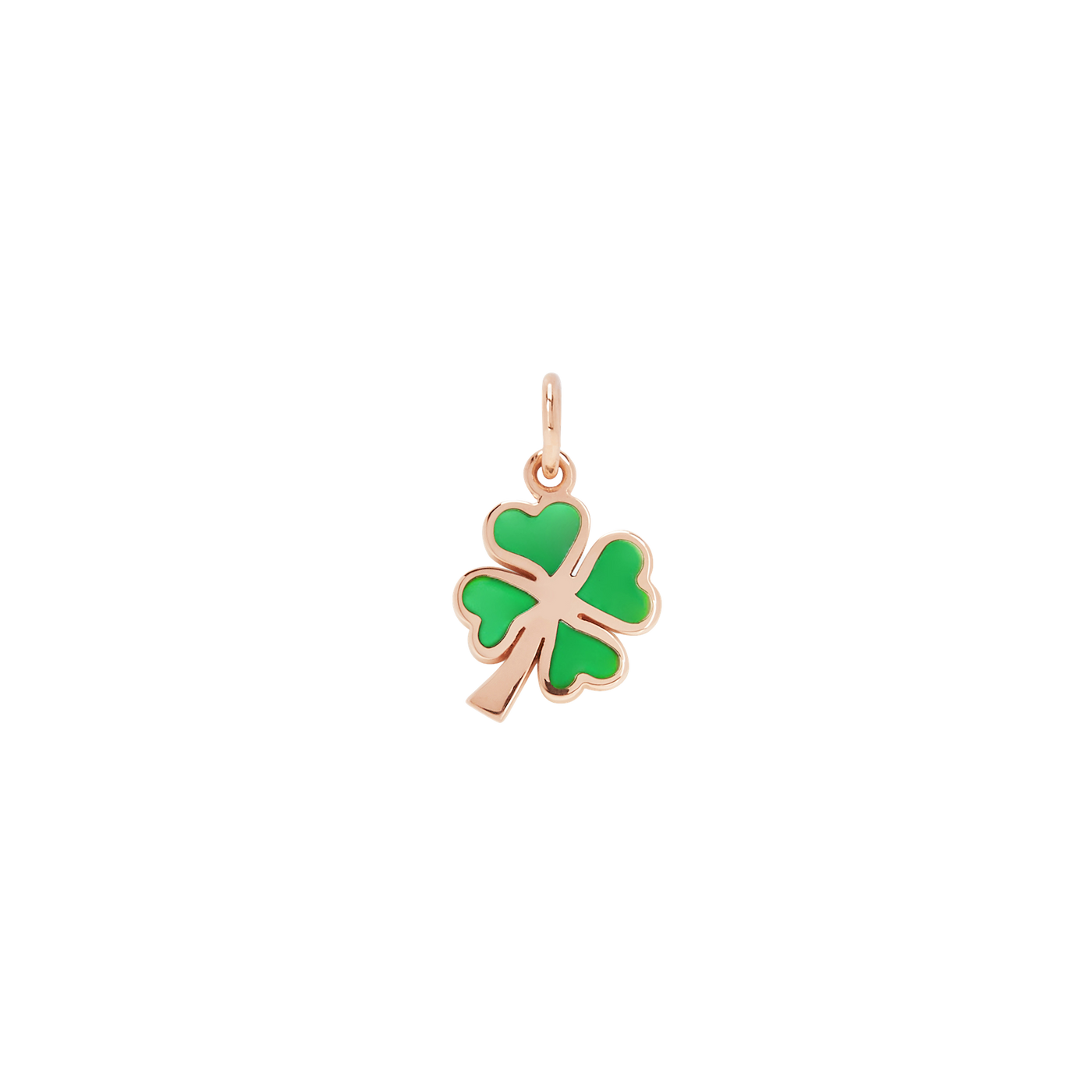 Dodo Anhänger Kleeblatt aus Roségold , die 4 herzförmigen Blätter sind mit grüner Emailie versehen.