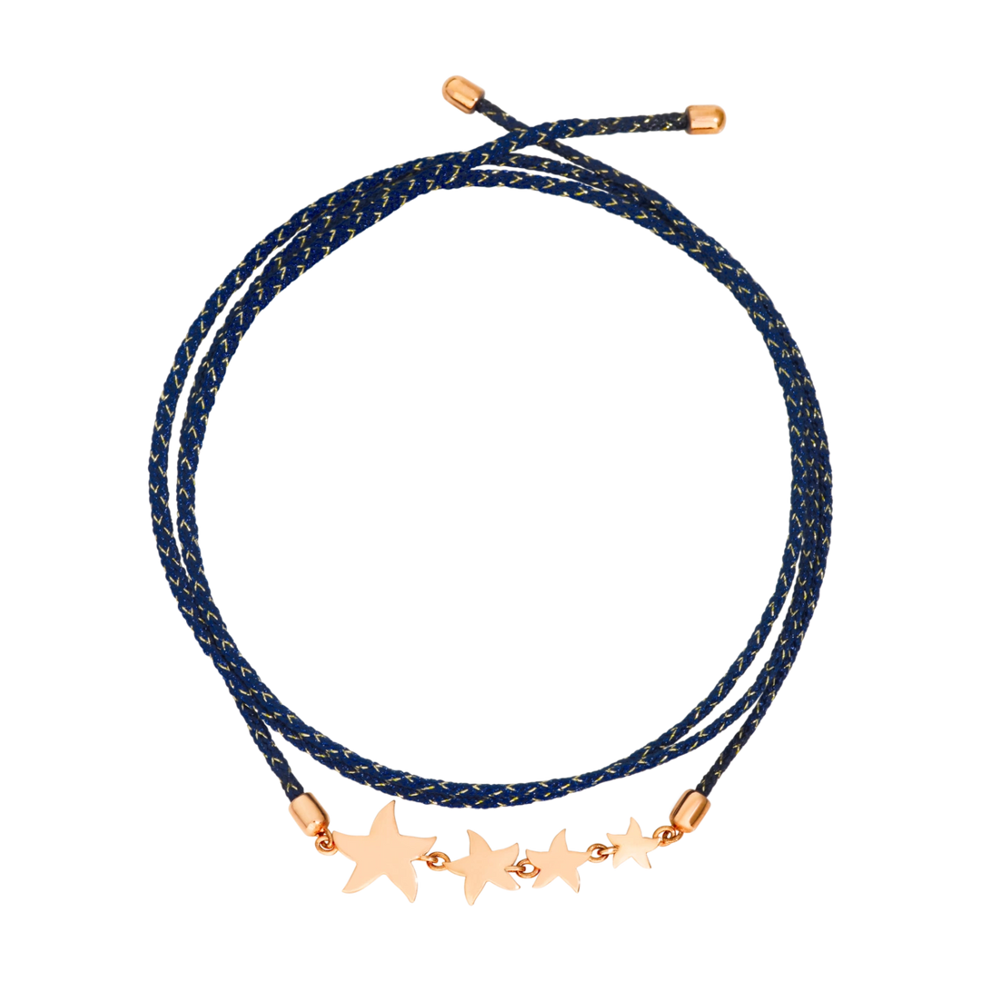 Dodo Stellina Kordel Armband aus blauer Baumwolle und 4 Sternen in 9 Karat Roségold