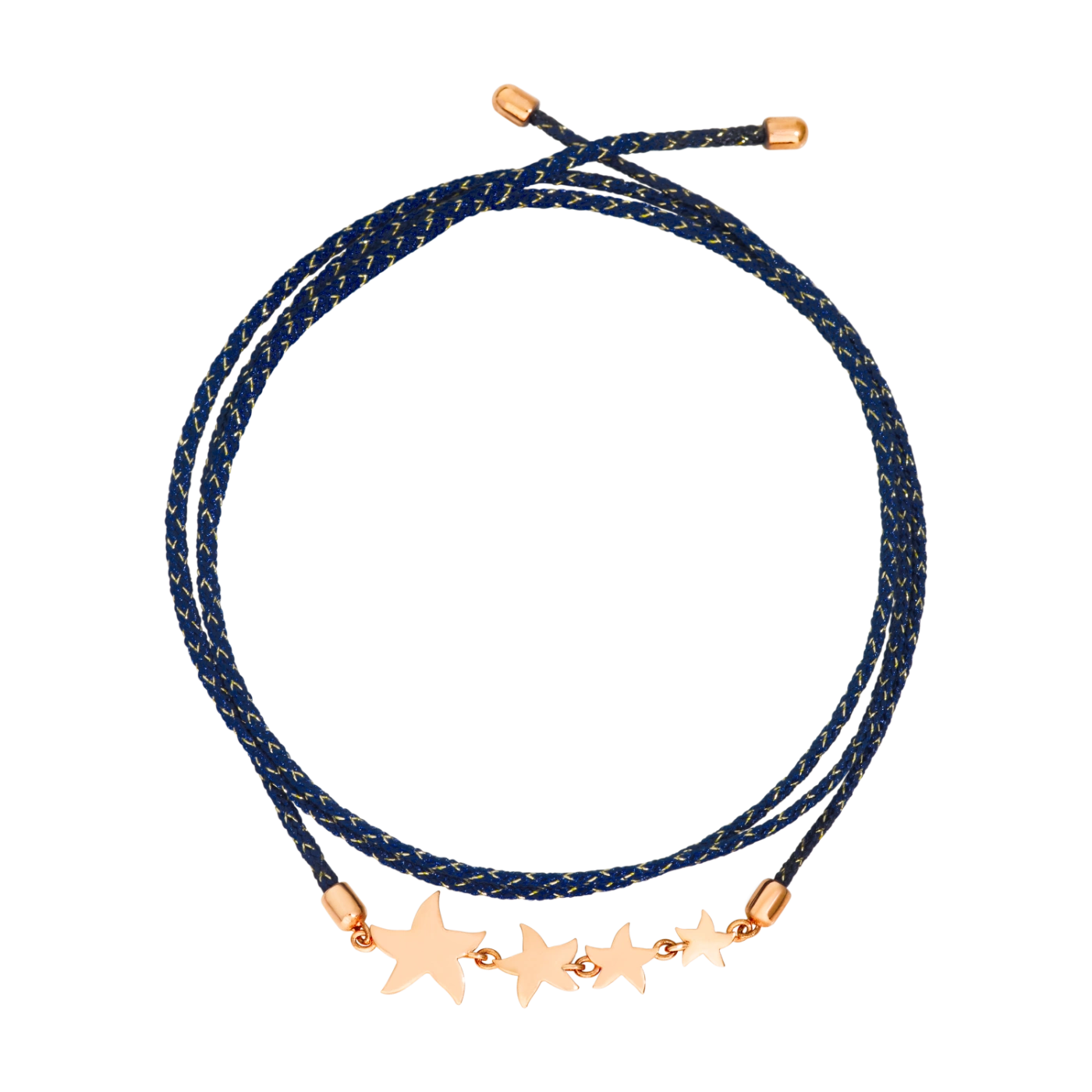Dodo Stellina Kordel Armband aus blauer Baumwolle und 4 Sternen in 9 Karat Roségold